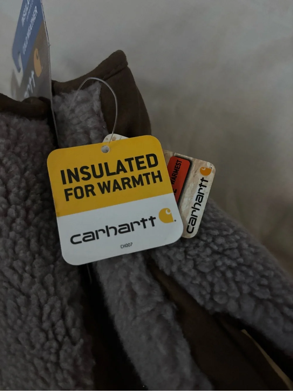 Carhartt Taupe Sherpa Fleece Mittens with Logo Patch